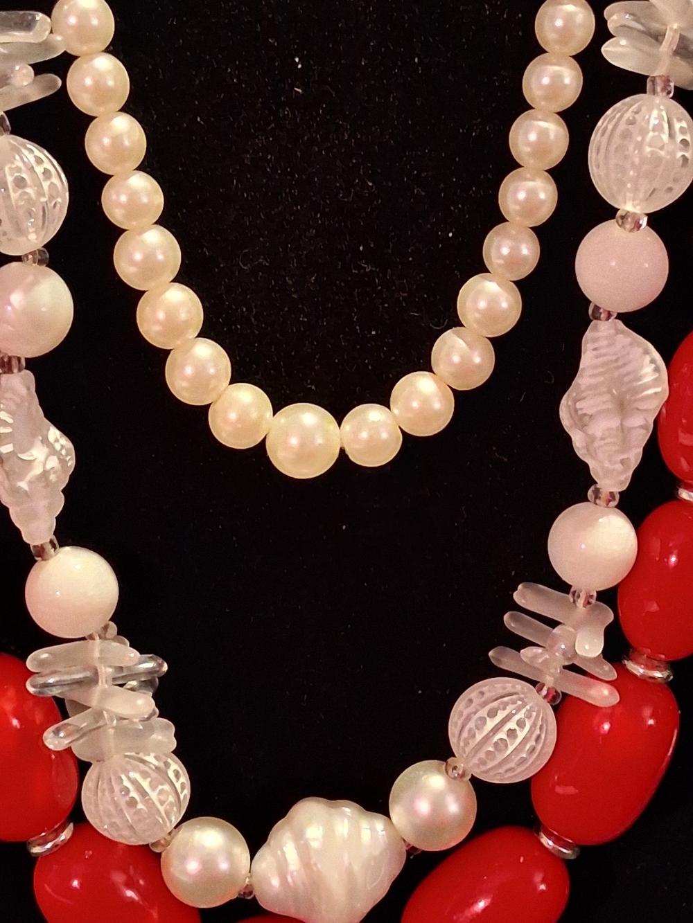 Vintage 3 Strand Necklace Lot: Red Plastic, Mixed Media Shell, Faux Pearl